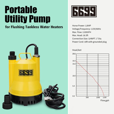 Tankless Water Heater Descaling Flush Kit With Inline Submersible Pump, portable yellow utility pump with power cord.