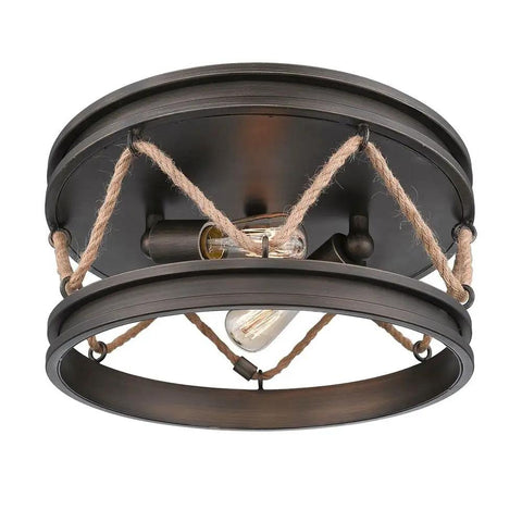 Chatham Flush Mount Light in gunmetal bronze finish with rustic coastal style, nautical rope accents, and cleat details, 2-light steel fixture