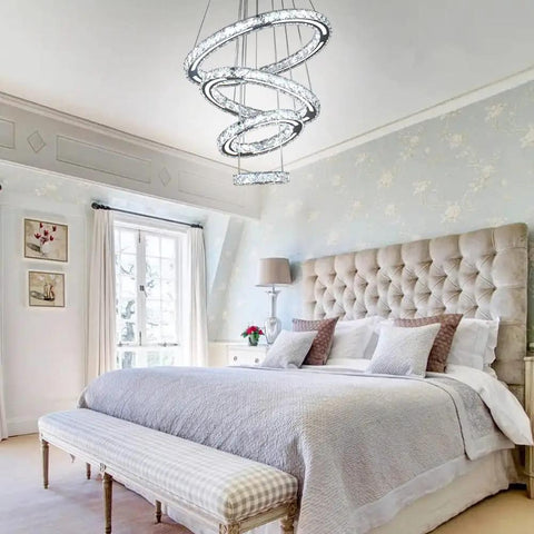 LED Crystal Chandelier With 4 Ring Design, Modern Stainless Steel Pendant Light in bedroom with neutral decor