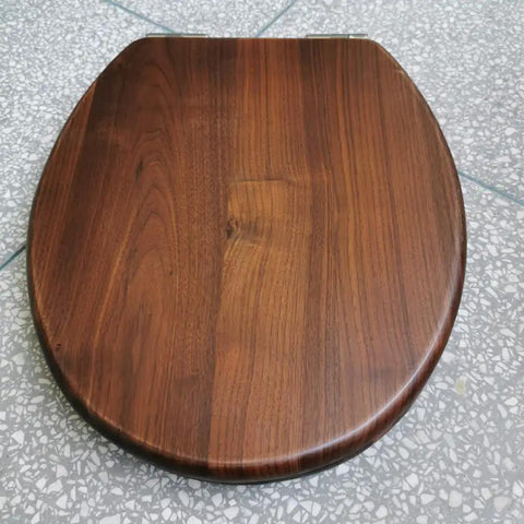 Super Tough Elongated Toilet Seat With Smooth Close Lid, Rustic Black Walnut Stain, Scratch Resistant Gloss, Quick Release Hinges, Easy Wipe Down Bathroom Upgrade - top view of dark walnut finish