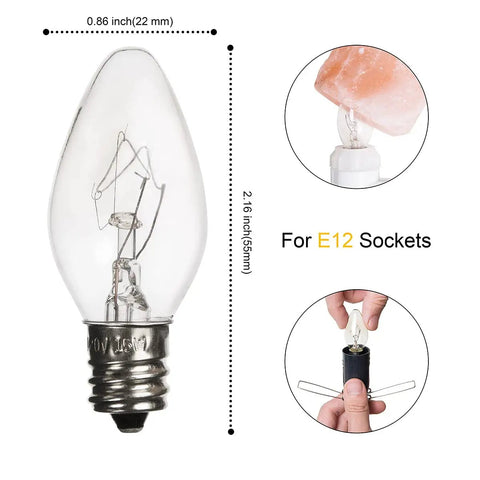 Himalayan Salt Lamp Replacement Bulbs 15 Watt Six Pack E12 Socket Incandescent Long Lasting Bulbs For Most Salt Lamps, Ideal Original Replacement, Fits Lamps With Metal Clip Base, Easy Install product display with dimensions.