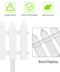 Back view of Six Piece White Garden Fence Set With Six Fence Inserts, Plastic Picket Edging For Lawns, Flower Beds, And Plant Borders.