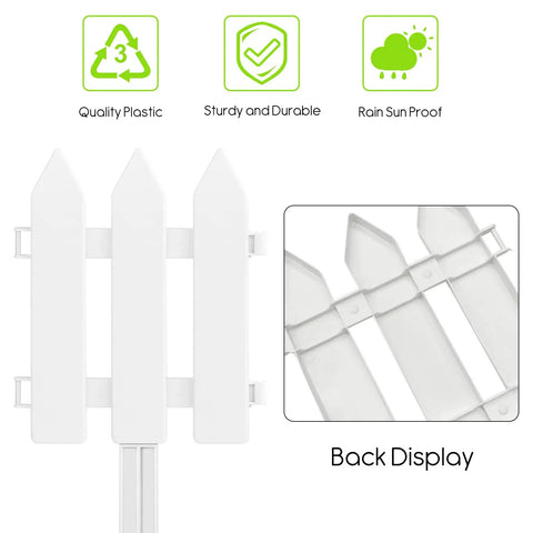 Back view of Six Piece White Garden Fence Set With Six Fence Inserts, Plastic Picket Edging For Lawns, Flower Beds, And Plant Borders.