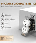10 Pack Duplex Wall Receptacles 20A Tamper Resistant Outlets for Home or Business Use displayed with product features.
