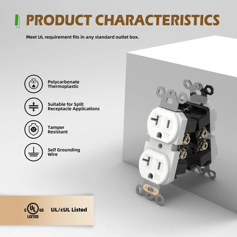 10 Pack Duplex Wall Receptacles 20A Tamper Resistant Outlets for Home or Business Use displayed with product features.
