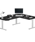 Electric Height Adjustable L Shaped Standing Desk 70 X 55 Inch Corner Home Office Workstation White Frame Ebony Oak Top with accessories
