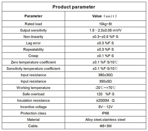 Product parameter table for Compact 58Mm Bellows Style Load Cell Sensor For Tension And Compression Testing, 0.2 Percent Accuracy, 0 to 200 Kg Range, Force And Weight Sensor For Scales, Diaphragm Design, Easy Install, Dialed In Readings.
