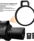 J1772 Electric Vehicle Charger Lock Keeps Your Plug Safe From Sketchy Unplugging At Home Garages Or Public Lots solid black ABS body with lock ring.