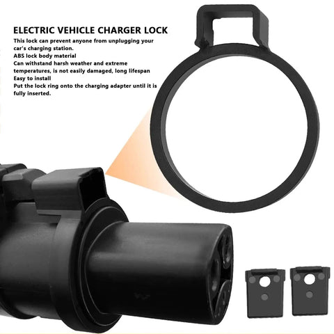 J1772 Electric Vehicle Charger Lock Keeps Your Plug Safe From Sketchy Unplugging At Home Garages Or Public Lots solid black ABS body with lock ring.