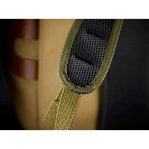 Close-up of Rucksack 25 Camera Bag padded strap and back panel, adjustable, Sage FibreNyte with chocolate leather trim.