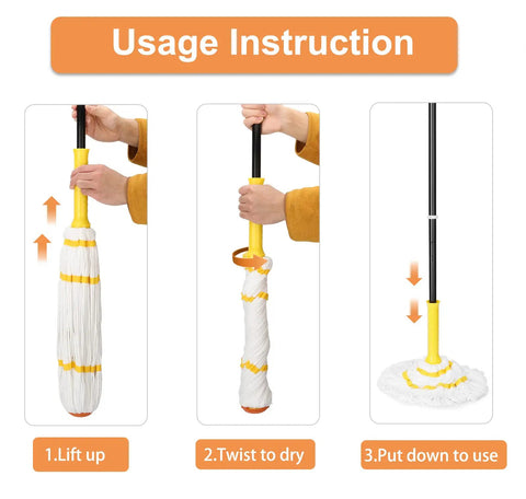 Usage instructions for Self Wringing Twist Mop With Long 57 Inch Handle, showing lift up, twist to dry, and put down to use steps.