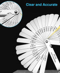 Feeler gauge set with 32 stainless steel blades, dual metric/SAE markings, fan-style display