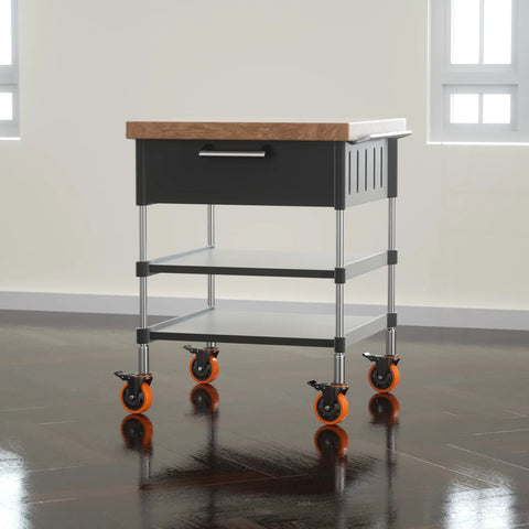 Front view of a metal utility cart on four orange 4-inch stem caster wheels with dual locking brakes