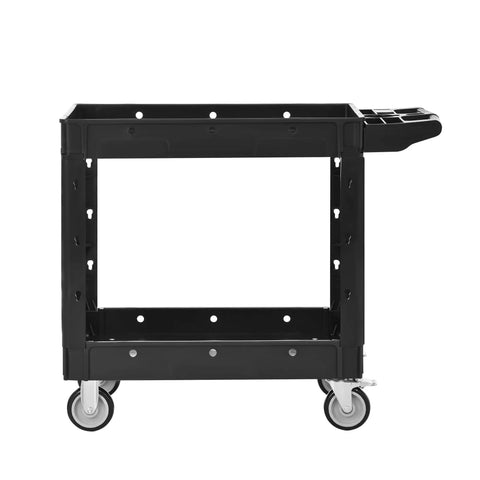 Heavy Duty Two Tier Rolling Utility Cart Built Like A Tank With Super Smooth Locking Casters Ergonomic Handle supports 600 pounds, matte dark gray.