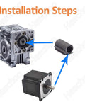Installation steps for 8mm to 11mm Shaft Sleeve Adapter for RV030 Worm Gear Reducer, showing CNC sleeve with motor and gearbox.