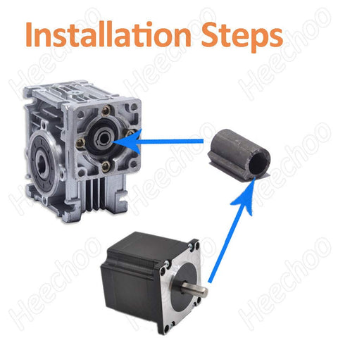 Installation steps for 8mm to 11mm Shaft Sleeve Adapter for RV030 Worm Gear Reducer, showing CNC sleeve with motor and gearbox.