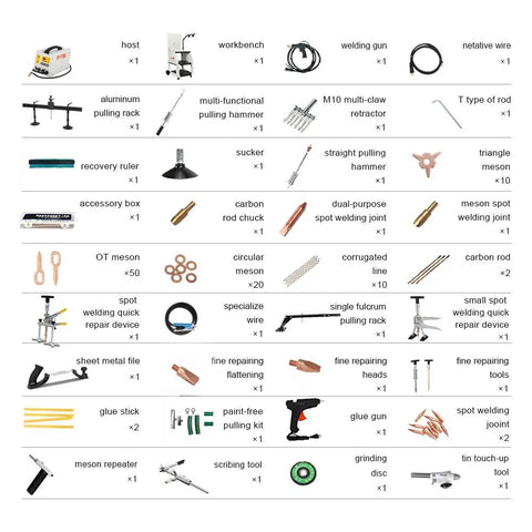 Spot Weld Dent Puller Kit components including workbench, welding gun, pulling hammer, and accessories for auto restoration