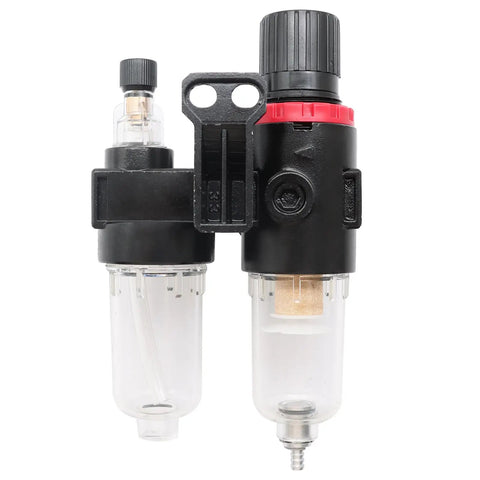Pro Grade Pneumatic 1/4 Inch NPT Air Filter Regulator Kit with brass fittings and gauge, AFC2000 Style, front view, lubricator cup