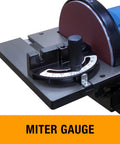Miter gauge shown on Rugged Workhorse 4X36 Belt And 9 Inch Disc Grinder With 1Hp Dual Voltage Motor for precise angle cuts.