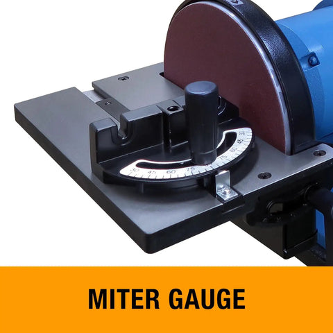 Miter gauge shown on Rugged Workhorse 4X36 Belt And 9 Inch Disc Grinder With 1Hp Dual Voltage Motor for precise angle cuts.