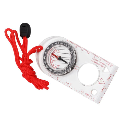 Lightweight Acrylic Backpacking Compass For Hiking And Outdoor Adventures with red lanyard and map ruler