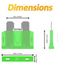 Dimensions of 30A fuse from 140 Piece Auto Fuse Assortment Kit With ATC ATO APR And ATS Blade Types Stored In Rugged Case.