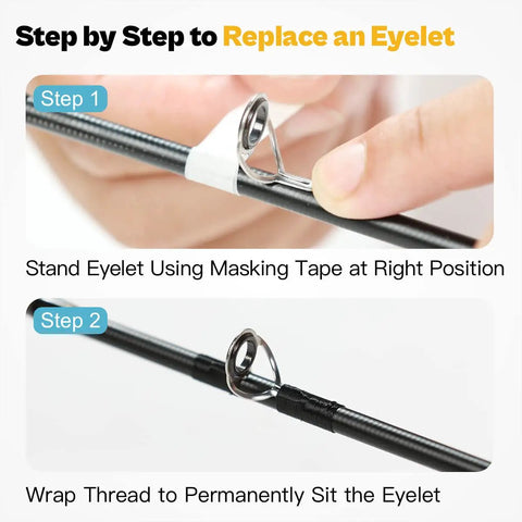 Ultimate Fishing Rod Repair Kit With All In One Supplies For Eyelet Replacement shown step by step using tape and thread