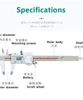 Digital Caliper 0.01mm, Stainless Steel, Diameter Depth with specifications labels on body and measurement points shown.
