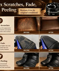 No Brainer Black Leather Recoloring Balm Kit shown restoring scratched, faded, and peeling leather furniture and boots.