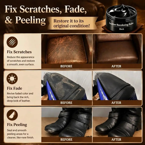 No Brainer Black Leather Recoloring Balm Kit shown restoring scratched, faded, and peeling leather furniture and boots.
