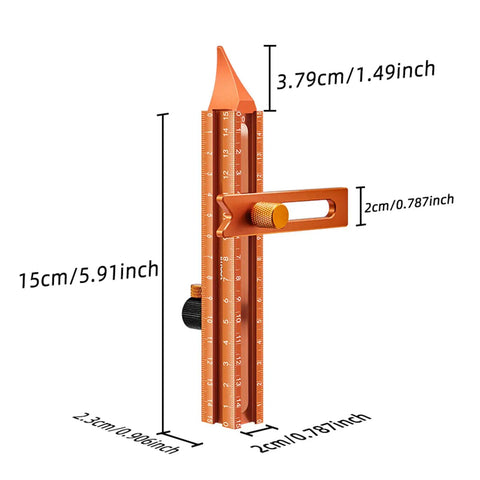 Four Sided Magnetic Layout Scriber With Laser Etched Scale For Straight On Measuring In Woodworking and DIY Carpentry Builds Lightweight Aluminum Alloy dimensions with clear scale.