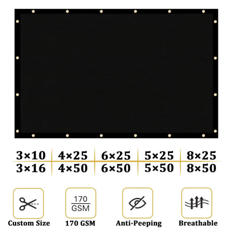 Heavy Duty Fence Privacy Screen 4 Feet By 50 Feet 170 GSM HDPE Mesh Shade Net Cover For Wall Garden Backyard Outdoor Decor Black UV Protected Weather Resistant Keeps Nosy Neighbors Out, black screen with brass grommets