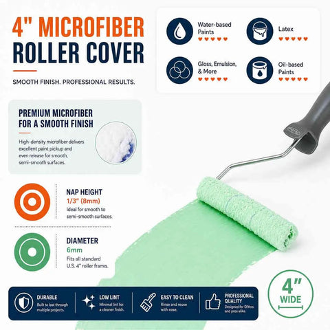 Super Smooth 60 Pack 4 Inch Microfiber Paint Roller Covers With 1/3 Inch Nap For Cabinets Walls And Doors Lint Free Mini Roller Refills that show premium microfiber roller cover.
