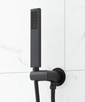 Slick Matte Black Hibiscus Thermostatic Shower System With 1.8 GPM Flow Control sleek handheld shower head on wall.