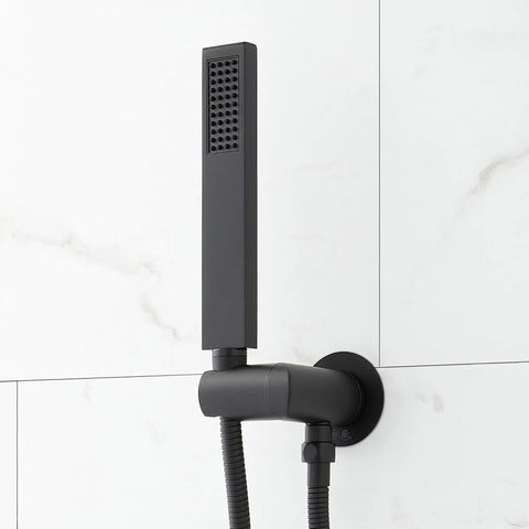 Slick Matte Black Hibiscus Thermostatic Shower System With 1.8 GPM Flow Control sleek handheld shower head on wall.