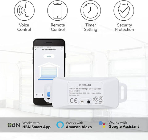Smart WiFi Garage Door Opener with Remote Control, Alexa and Google Home Ready, No Hub Needed, shows phone app interface