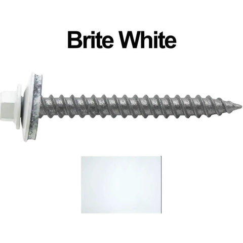 Workhorse Brite White Metal Roofing Screws With Hex Washer Head And Waterproof Epdm Seal For Tough Siding Jobs Two Inch Five Eighth self tapping fastener with seal.