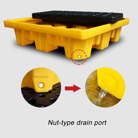 Heavy Duty Plastic Spill Pallet For Oil Drums And Industrial Liquids With Leak Proof Deck and nut-type drain port
