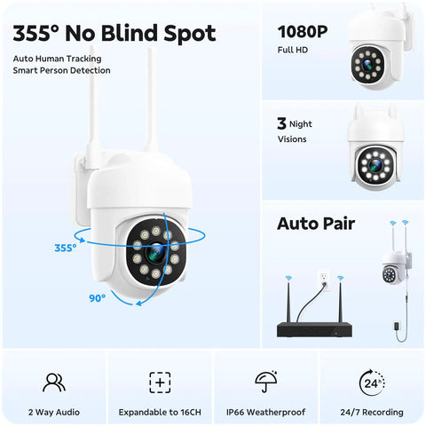 Wireless Home Security Camera System With 8 PTZ Outdoor Cameras and 16CH NVR, 355 Degree Pan Tilt Auto Tracking, AI Detection