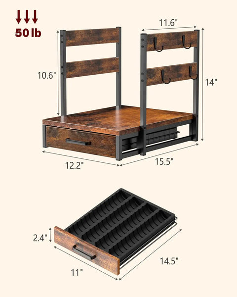 Rustic Brown Coffee Pod Organizer Drawer for Vertuo and Nespresso with dimensions and 50 lb weight capacity shown.