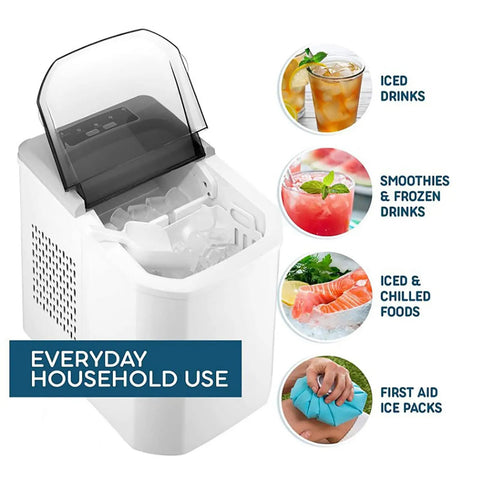 No Sweat Countertop Bullet Ice Cube Maker With 1.1 Liter Tank drops fresh ice for cocktails and smoothies with a compact design.