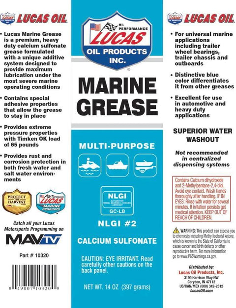 Lucas Oil Marine Grease 14 oz tubes, overbased calcium sulfonate formula, NLGI #2, 2-pack
