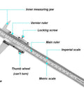 8 Inch Vernier Caliper Stainless Steel Precision Measuring Tool Dual Metric And Imperial Read Depth Inside Outside Step Measurements With 0.001 Inch And 0.02 Millimeter Accuracy Built Tough Laser Engraved Scale showing labeled parts.
