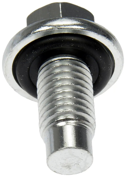 Oil Drain Plug Pilot Point M12-1.75 Thread, 15 Mm Head, Plug-and-Play Drop-In Replacement For Engine Oil Pan, Durable Metal Plug With Secure Seal, Fits Vehicles Replacing Missing Or Damaged Plug, silver threaded close-up