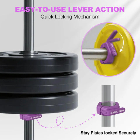 Heavy Duty 2 Inch Barbell Clamps Set Of Two Quick Release Weight Clips With Grippy Anti Slip TPR Lining Secure Weightlifting Collars For Home Gym Or Pros Use Purple
