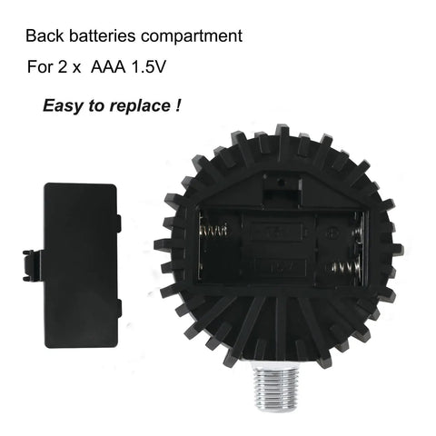 Back view of Digital Air Pressure Gauge 5 To 200 PSI With 2-1/2 Inch Dial 1/8 NPT Fittings showing battery compartment for 2 AAA batteries.