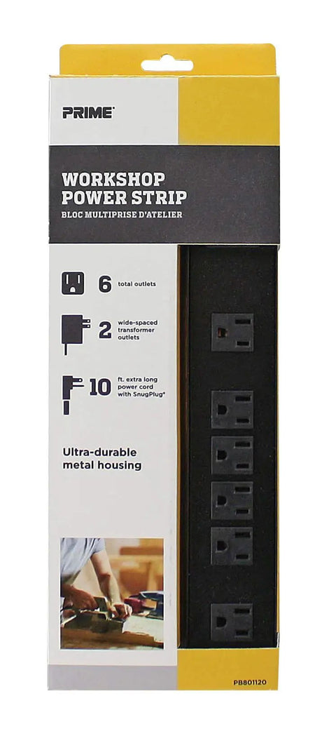 Six Outlet Metal Power Strip With Ten Foot Cord Built In Circuit Breaker Protects Against Overloads Lighted On Off Switch Slim Plug Lets Furniture Sit Closer To Wall Two Wide Spaced Outlets For Transformer Plugs packaging image