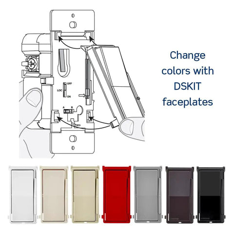 Diagram of Decora Slide Dimmer Switch For Dimmable LED Halogen And Incandescent Bulbs DSL06-1LZ with six color faceplates shown