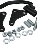 Hot Swap Power Steering Pump Setup For Classic Small Block Chevy V8 Engines Like The 305 And 350 Comes With Heavy Duty Long Water Pump Plus Crankshaft Pulley And Full Bracket Kit To Spice Up Your Old School Ride Today. black steel bracket kit with bolts, nuts, and washers
