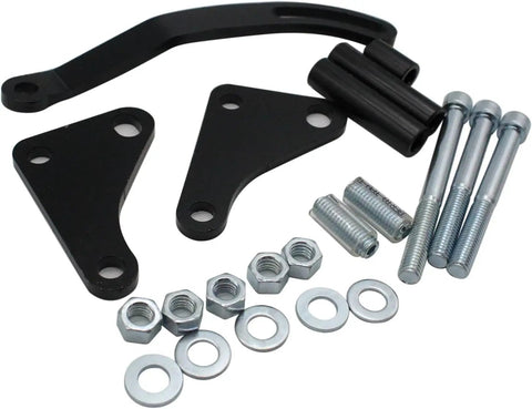 Hot Swap Power Steering Pump Setup For Classic Small Block Chevy V8 Engines Like The 305 And 350 Comes With Heavy Duty Long Water Pump Plus Crankshaft Pulley And Full Bracket Kit To Spice Up Your Old School Ride Today. black steel bracket kit with bolts, nuts, and washers